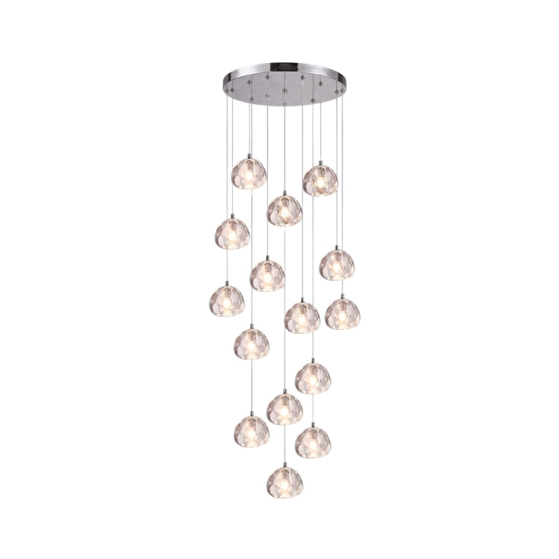 Lustra Vela modern crystal chandelier with chrome finish and transparent glass drops—Scandinavian semi-flush ceiling light for living rooms, dining areas, and entryways.
