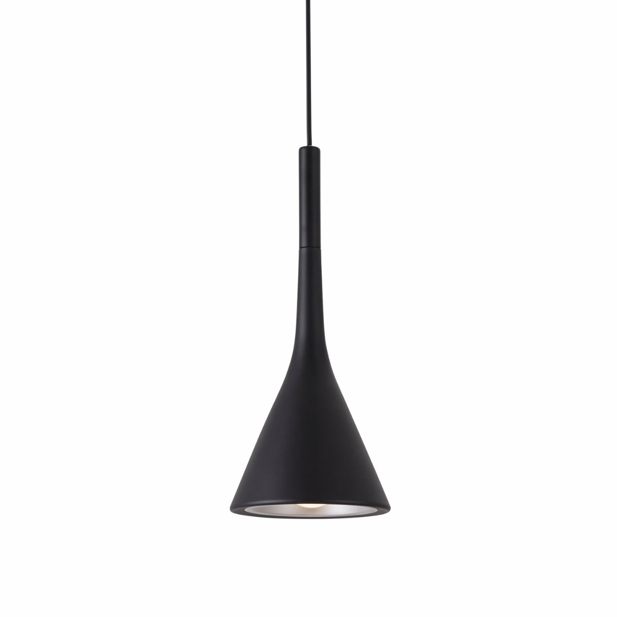 A modern black pendant light with a tapered, cone-shaped shade and a slim cord extending to the top edge, shown against a plain white background.