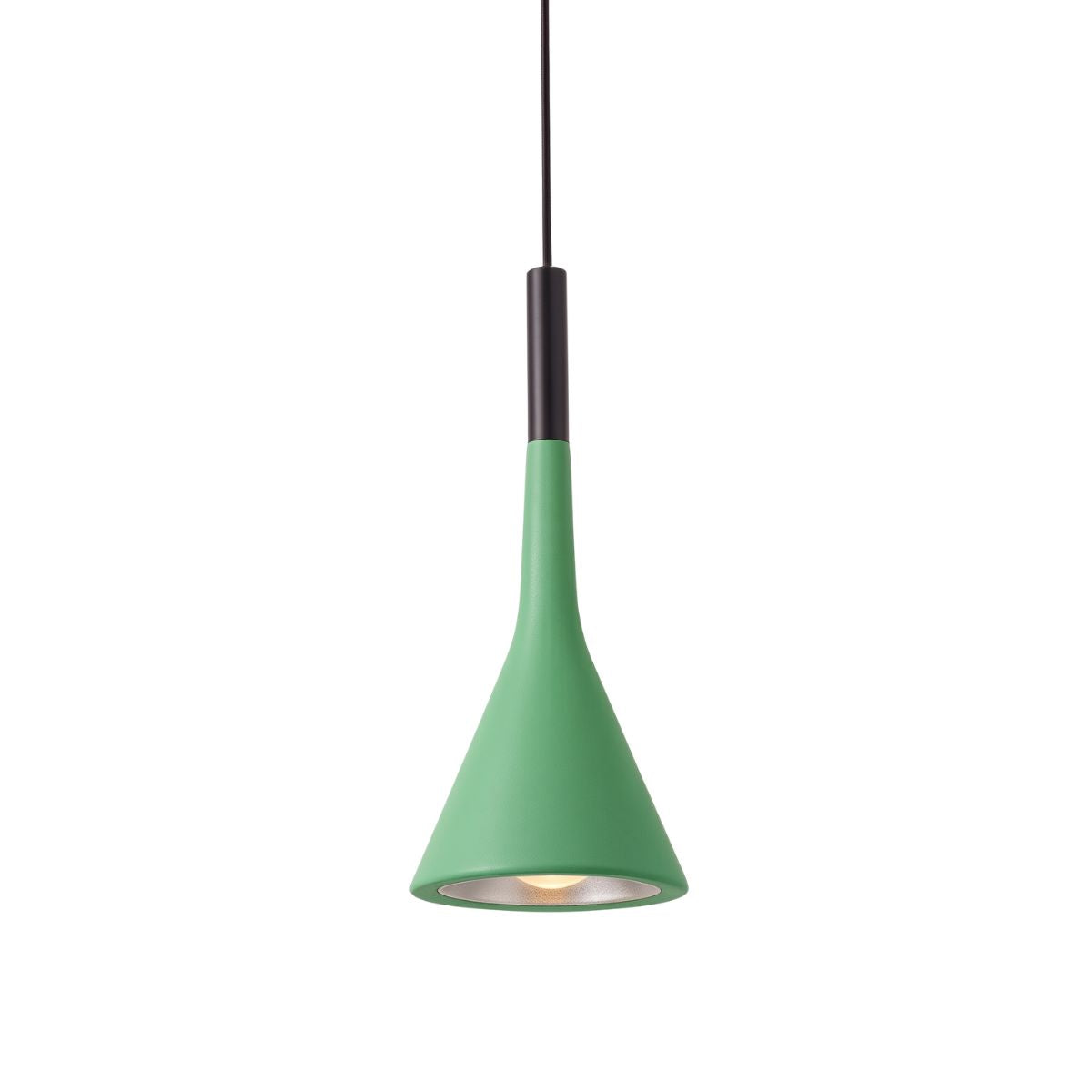 A modern pendant light with a matte mint green cone-shaped shade, a dark metallic neck, and a thin black suspension cord, shown against a plain white background.