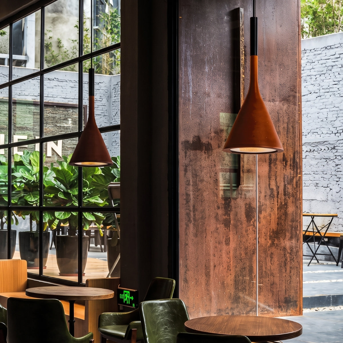A modern industrial-style pendant light with a conical copper-brown shade and black cord, hanging in a cafe interior next to a large window and rustic wooden wall.