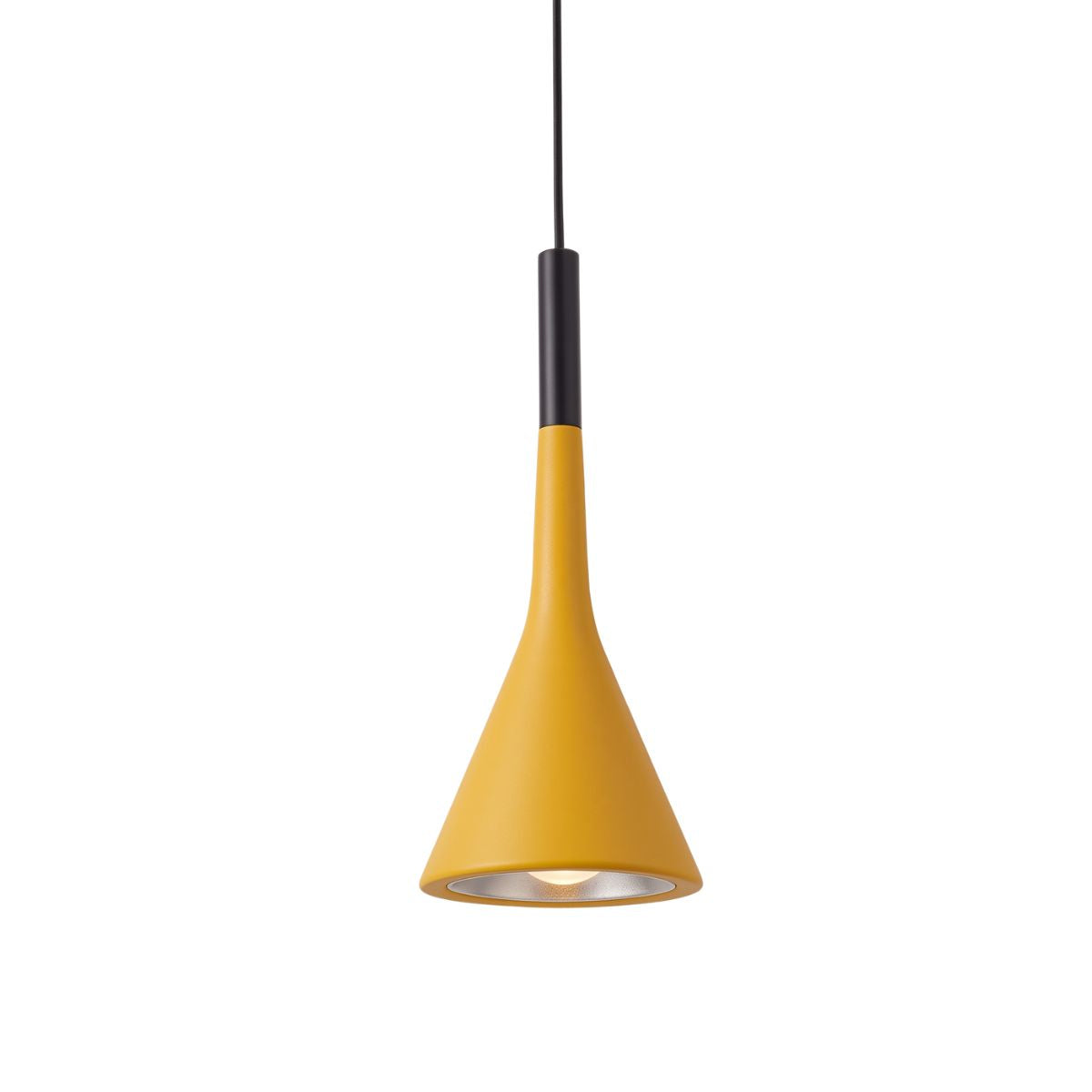 A modern pendant light with a wide, flared yellow shade and a matte black cylindrical neck, suspended by a thin black cord against a plain white background.