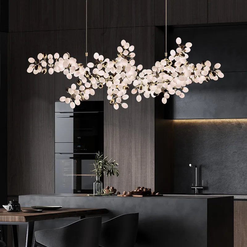 Lights of Scandinavia - Zygote High-quality white glass cluster chandelier. Organic-inspired design paired with luxury materials. Perfect for dining rooms, living areas, entrance halls, hotel areas, restaurants, etc. White glass clusters with base frame in French gold color or Raw copper.