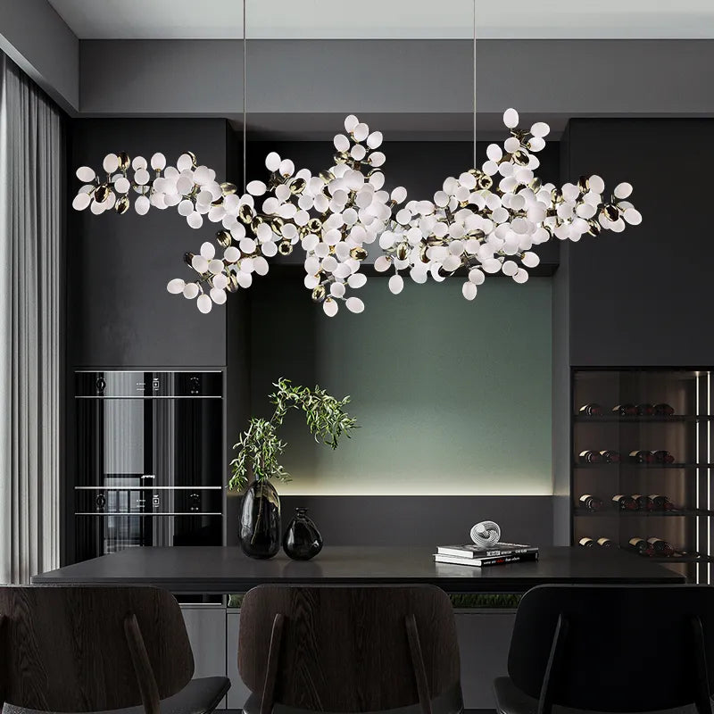 Lights of Scandinavia - Zygote High-quality white glass cluster chandelier. Organic-inspired design paired with luxury materials. Perfect for dining rooms, living areas, entrance halls, hotel areas, restaurants, etc. White glass clusters with base frame in French gold color or Raw copper.