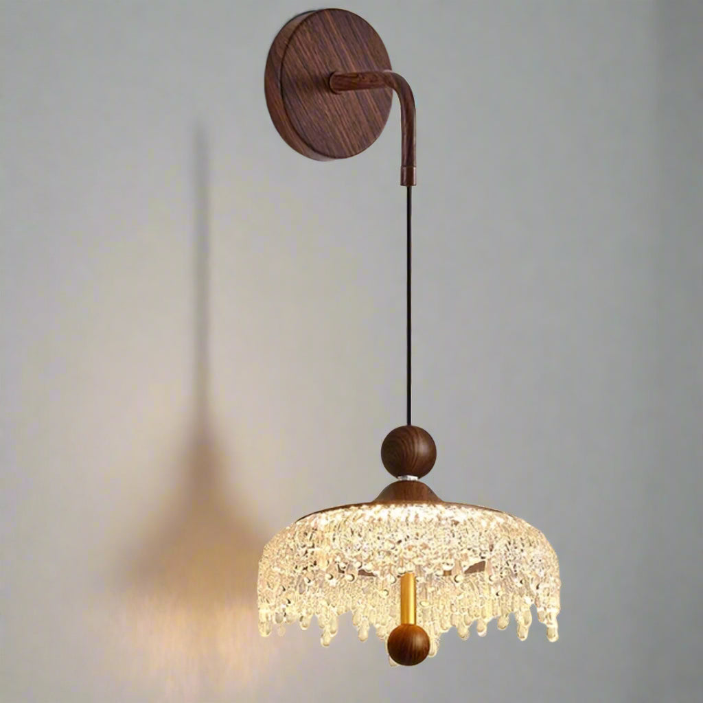 Prism Nordic wall light fixture in black and walnut wood finish with adjustable warm, neutral, and cool white lighting modes