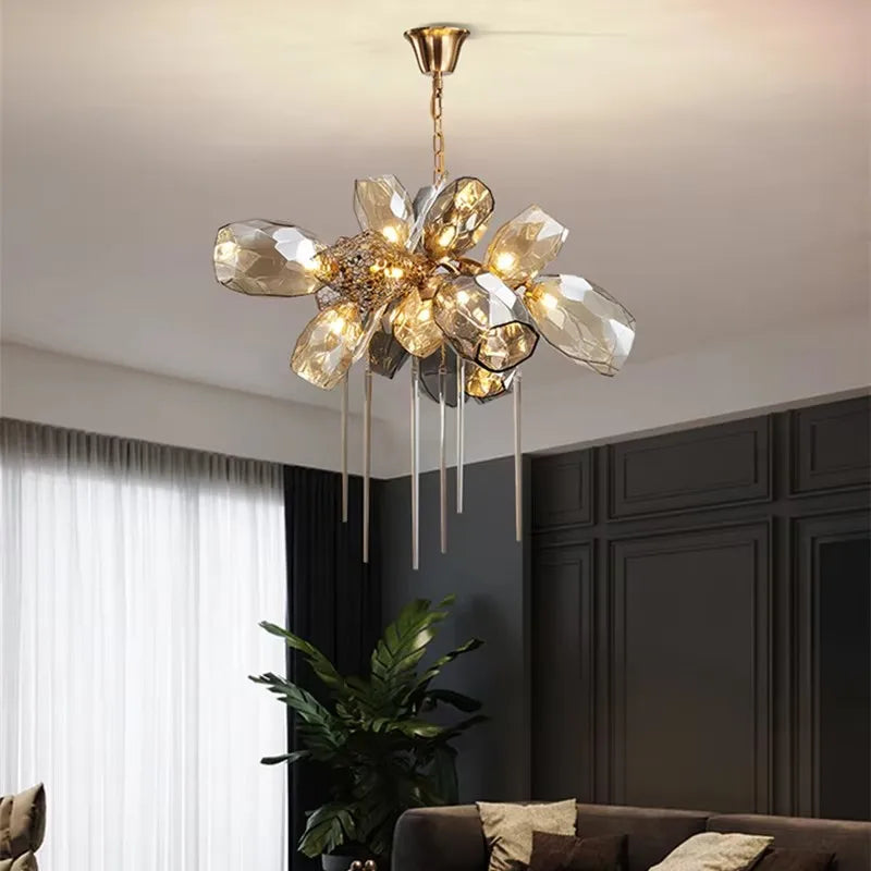 Éclat Lumière luxury chandelier with K9 crystal, golden cognac and smoky grey glass, stainless steel designer lighting fixture