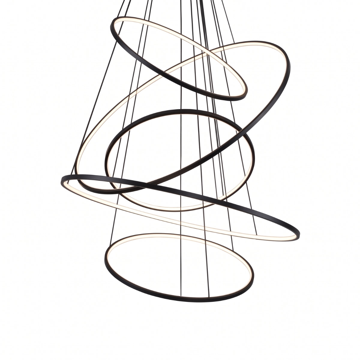 Modern spiral ring chandelier with black metal rings and a warm white illuminated glow, suspended by thin cables against a plain white background.