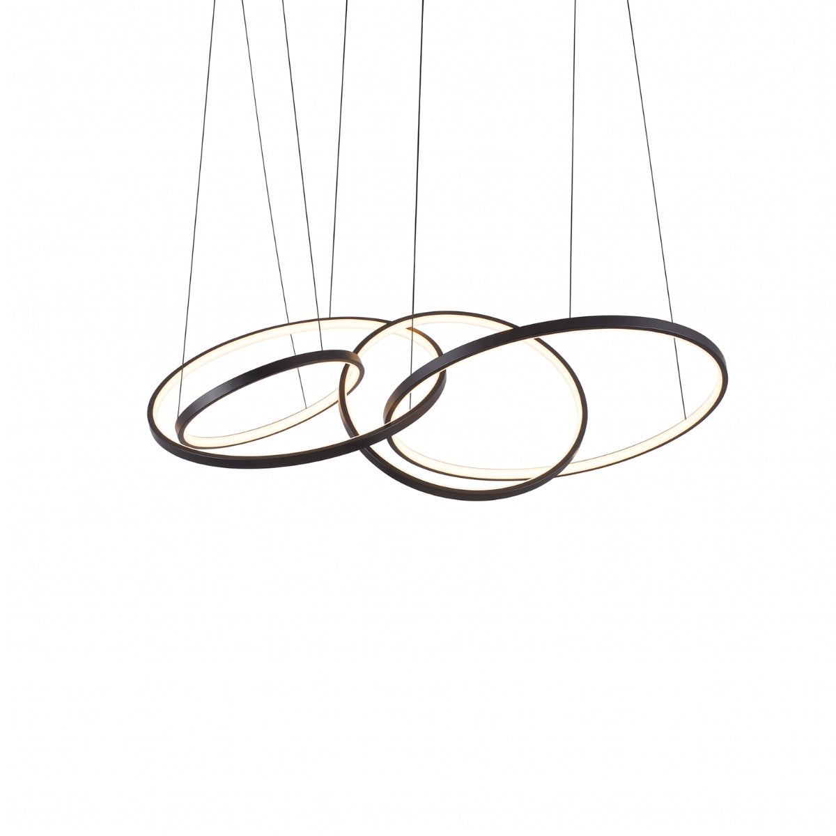 A modern multi-ring linear pendant chandelier with intersecting oval rings in a dark finish, suspended by thin cables against a plain white background.