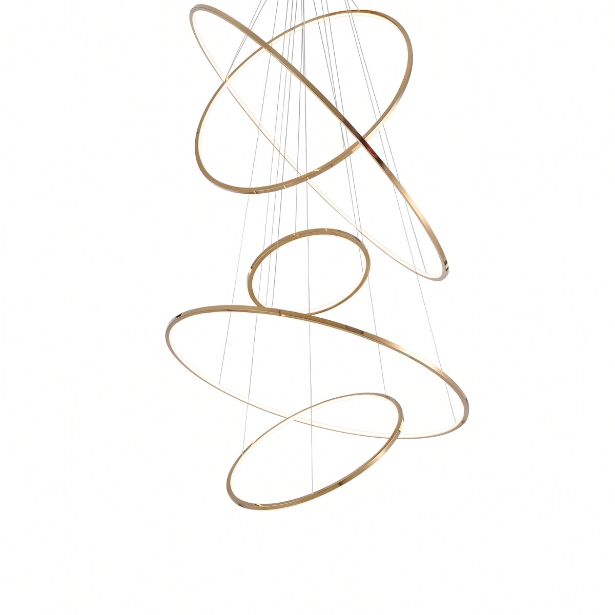 A modern spiral chandelier with interlocking gold-toned rings suspended by thin cables against a plain white background.