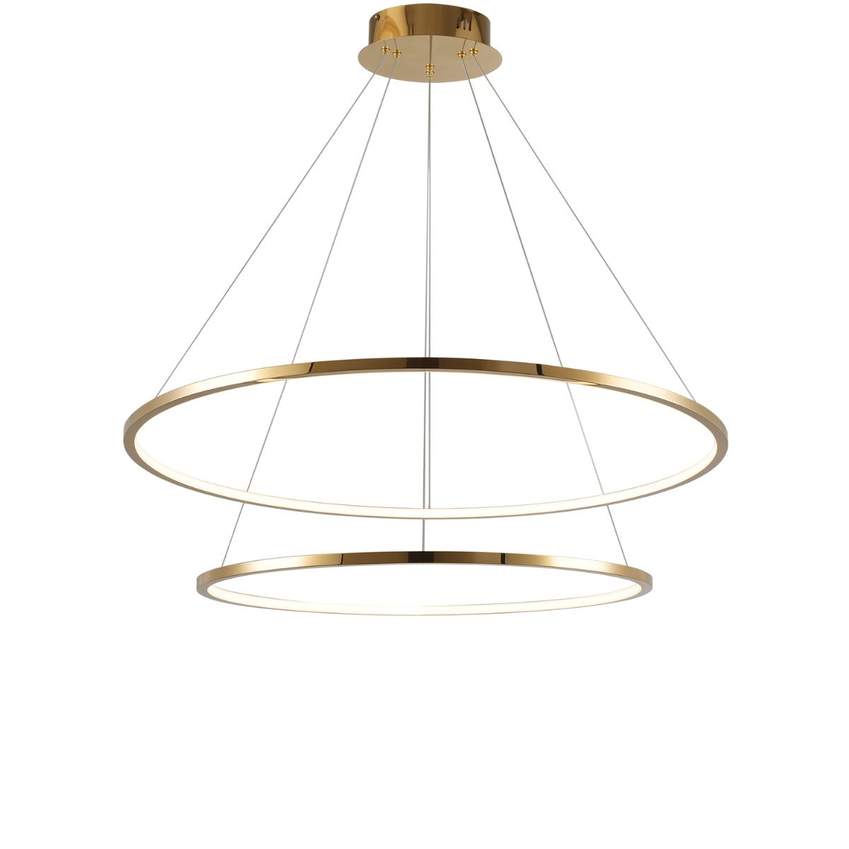A modern two-ring linear pendant light fixture in brushed gold metal, suspended by thin cables from a matching circular ceiling canopy, shown against a plain white background.