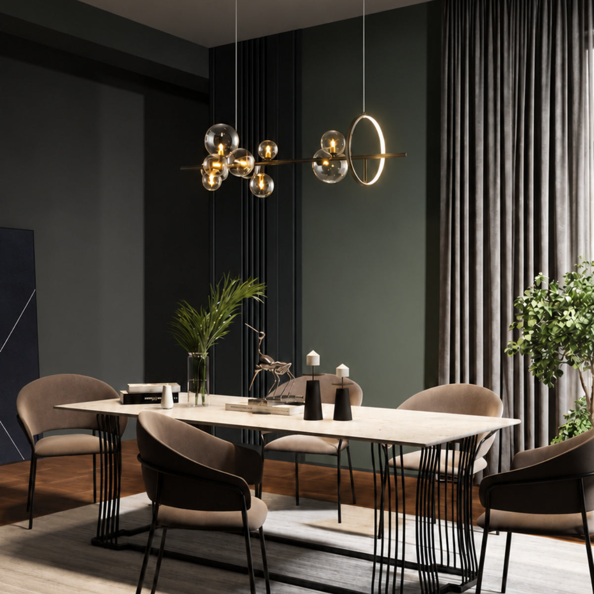 Glass globes and warm gold-toned bulbs hanging over a dining table in a contemporary dark gray and black dining room.