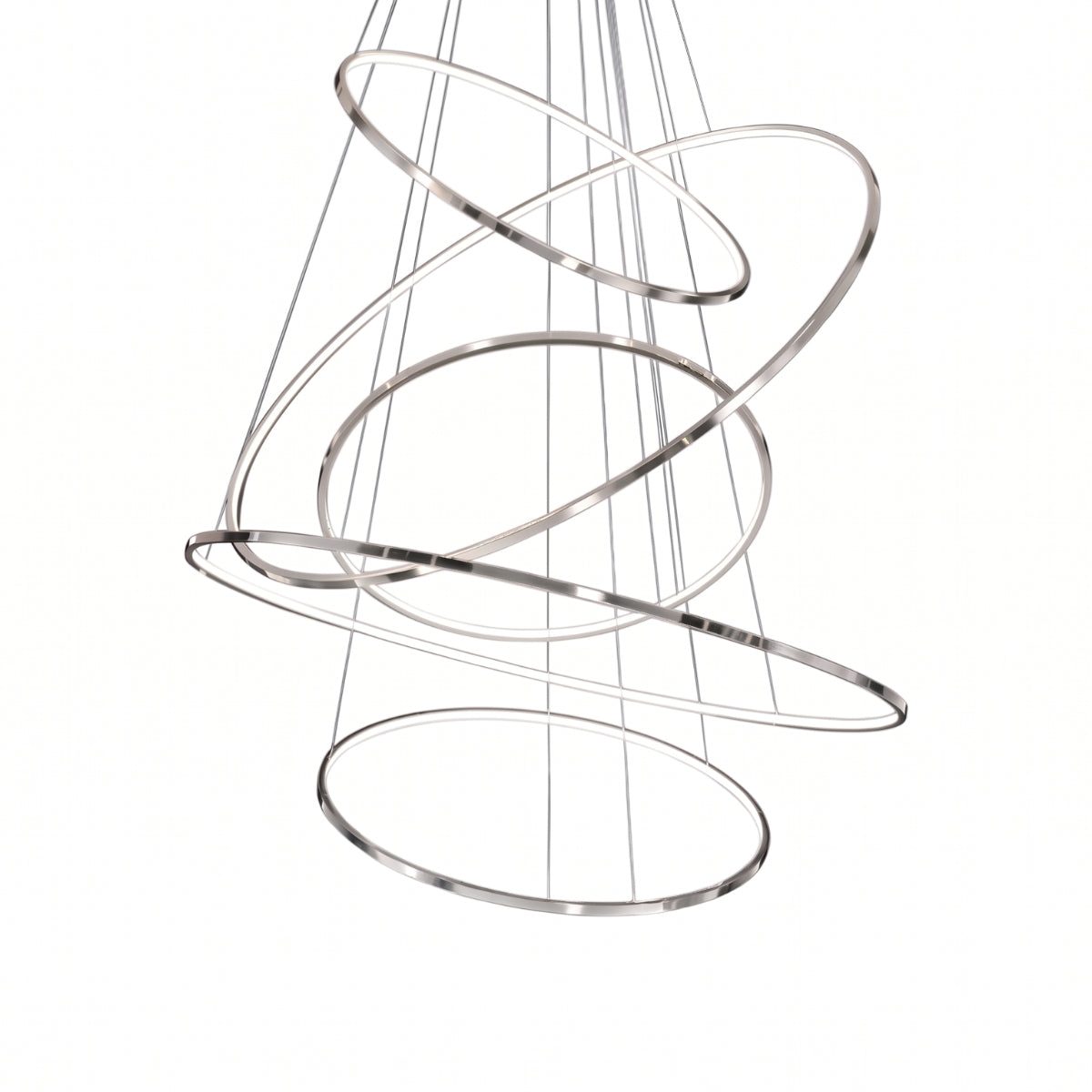 A modern spiral ring chandelier with a polished silver metal finish, suspended from multiple thin cables against a plain white background.