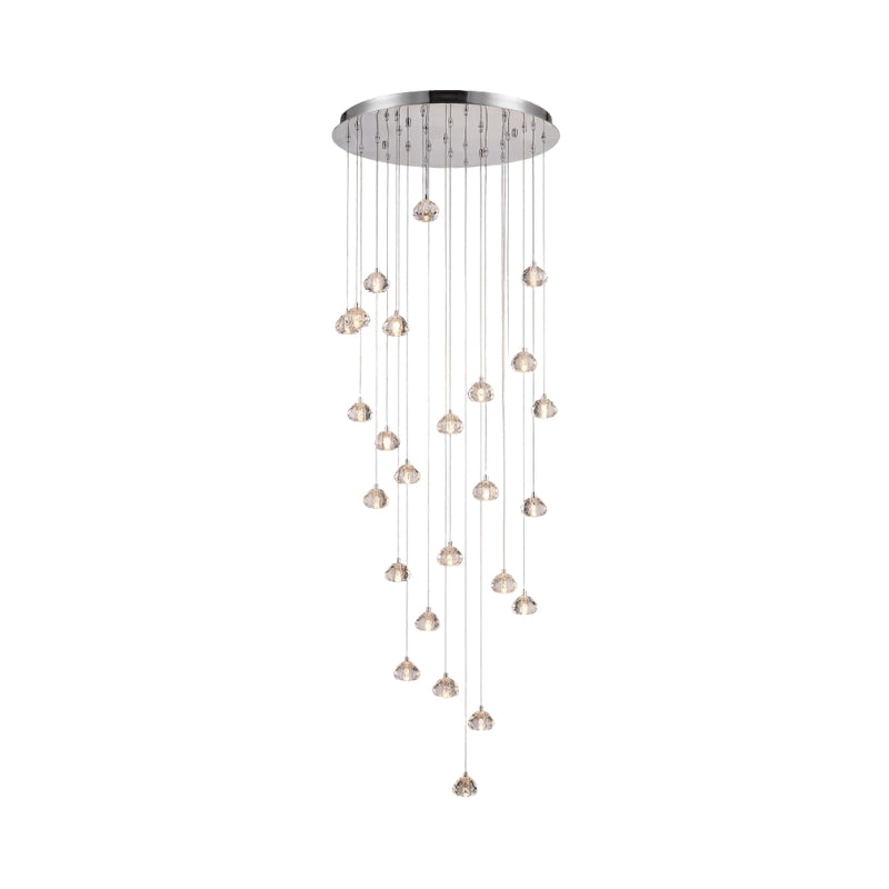 Lustra Vela modern crystal chandelier with chrome finish and transparent glass drops—Scandinavian semi-flush ceiling light for living rooms, dining areas, and entryways.