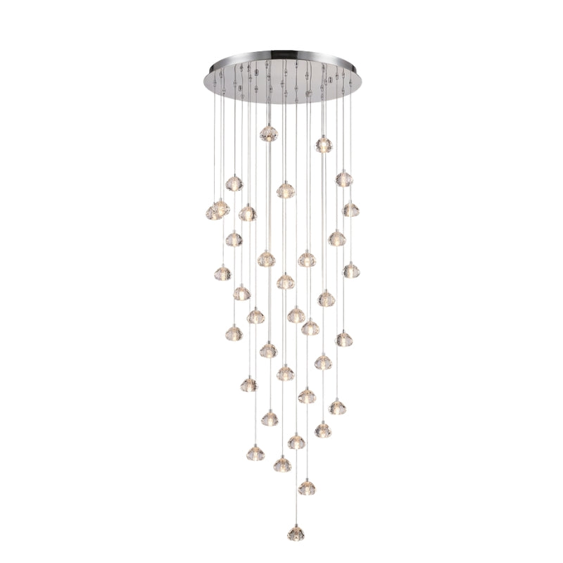 Lustra Vela modern crystal chandelier with chrome finish and transparent glass drops—Scandinavian semi-flush ceiling light for living rooms, dining areas, and entryways.