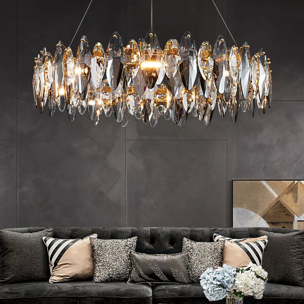 Serenity Crystal Chandelier with premium K9 crystals, semi-flush mount design, modern elegance, and soft ambient lighting for living room, dining area, or entryway. Features sparkling crystal accents and a sleek metal finish.