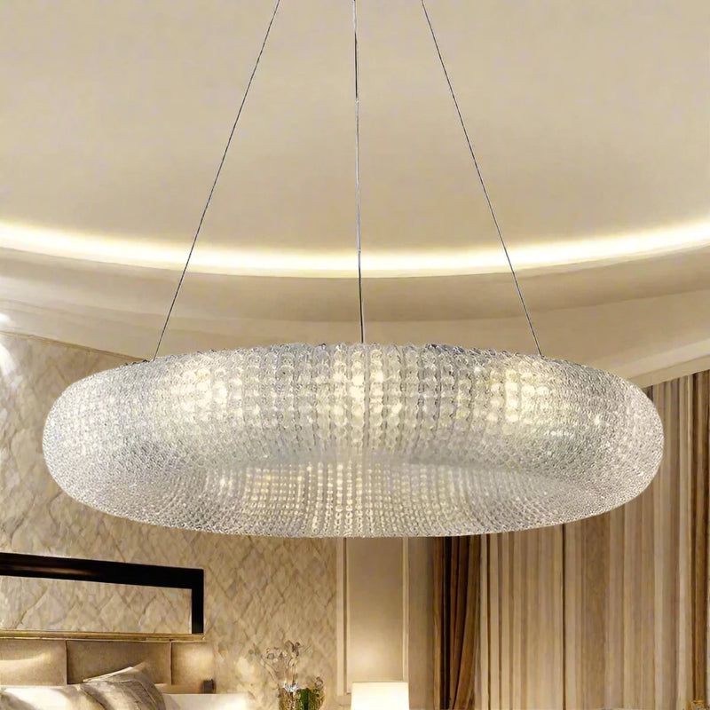 Ethereal Crystal Living Room Chandelier in silver and gold, featuring K9 crystal and metal. A modern and elegant design that enhances any space with stylish sophistication and a warm ambiance. Perfect for living rooms, hotels, and weddings.