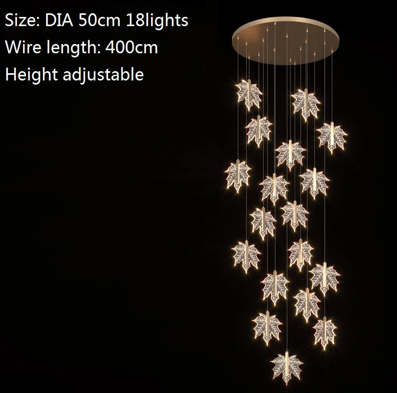 Contemporary Drummondii LED Staircase Chandelier by Lights of Scandinavia, inspired by the elegance of maple leaves, ideal for duplex building halls. Combines Nordic artistry with modern design and advanced LED technology to create an inviting ambiance.