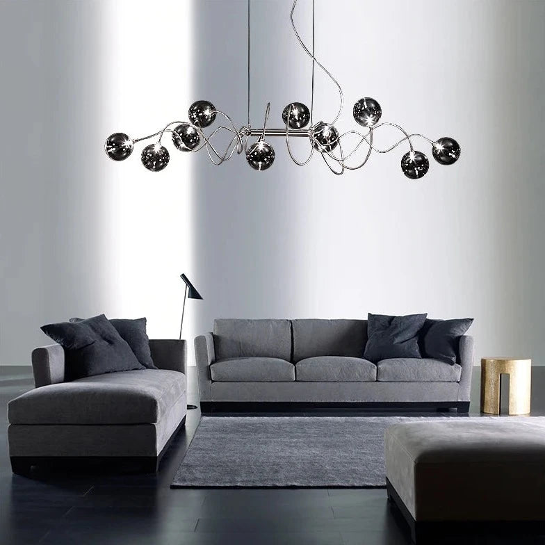 Atom LED Chandelier by Lights of Scandinavia - Nordic Elegance with Smoky Gray and Clear Glass Shades for Dining Room, Kitchen Island, Bar, and Coffee Shop Lighting