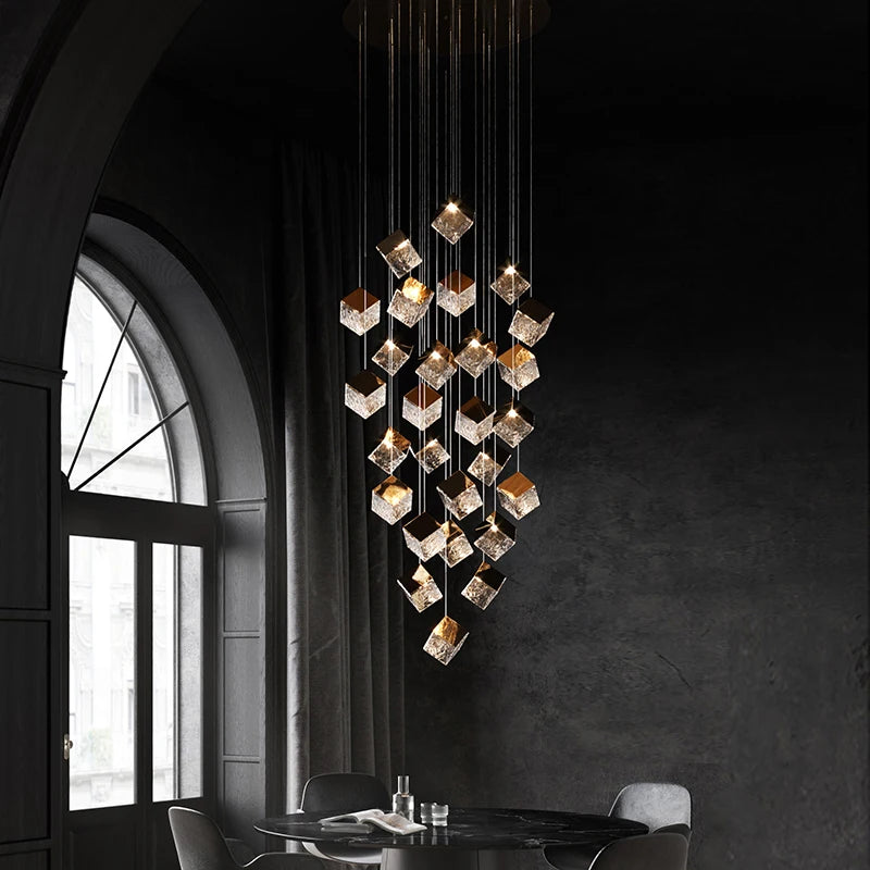 Robox Modern Stair Chandelier with LED lighting, adjustable warm/cold light, and creative glass blocks. Ideal for villas, duplexes, and restaurants, enhancing interiors with Scandinavian elegance and contemporary design.