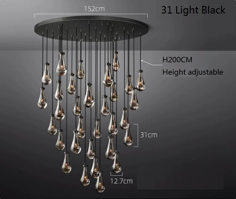 Raine Modern Chandelier with K9 crystal prisms and sleek metal design, perfect for high-ceiling living rooms, foyers, and upscale interiors. Adjustable height, energy-efficient LED compatible.