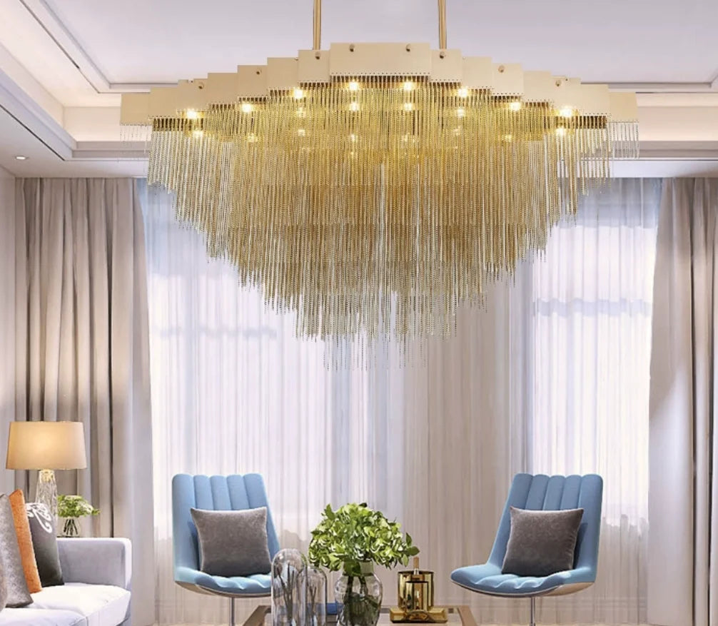 Tessaro modern luxury chandelier with Italian designer chain tassels in black and gold finish for living room or hotel interiors