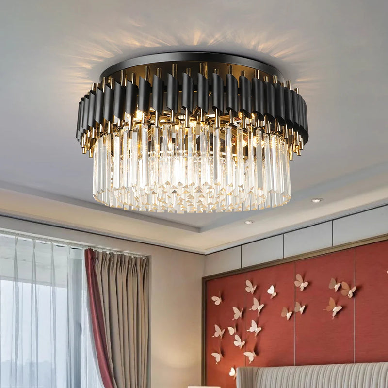 Grandiosa chandelier with K9 crystals and LED lighting, featuring a sleek black and golden finish, designed for modern luxury interiors, providing a sophisticated and dazzling illumination.