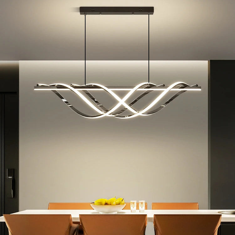 Linea modern Nordic chandelier in Black or Titanium Gold finish with sleek silhouette, dimmable LED lighting, and remote control — ideal for kitchens, dining rooms, or contemporary interiors.