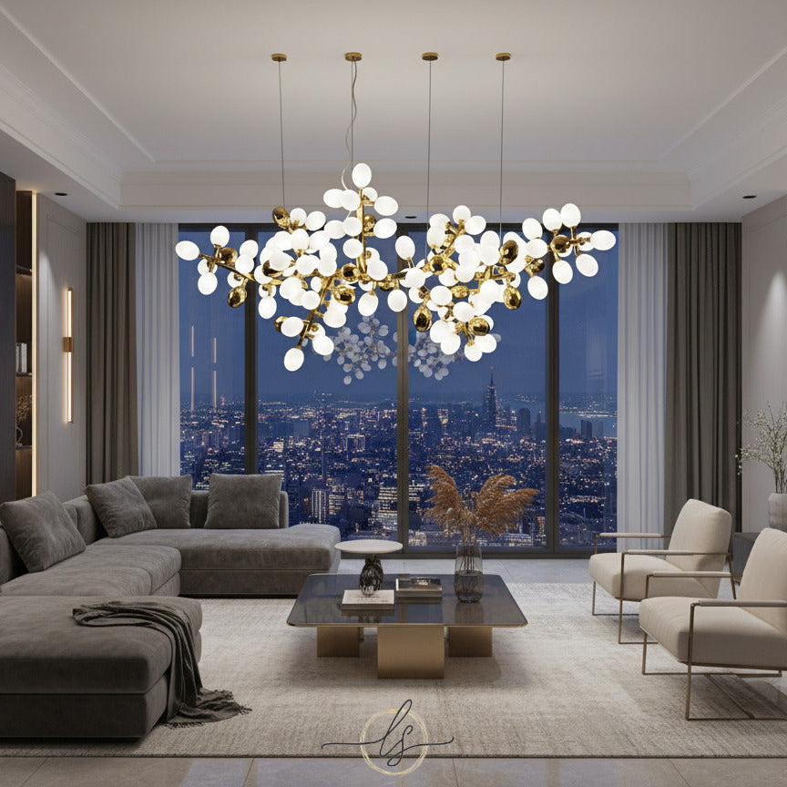 Zygote chandelier with white glass clusters and French Gold or Raw Copper frame, luxury modern LED chandelier with 60–142 light sources for dining rooms, living rooms, and entryways.