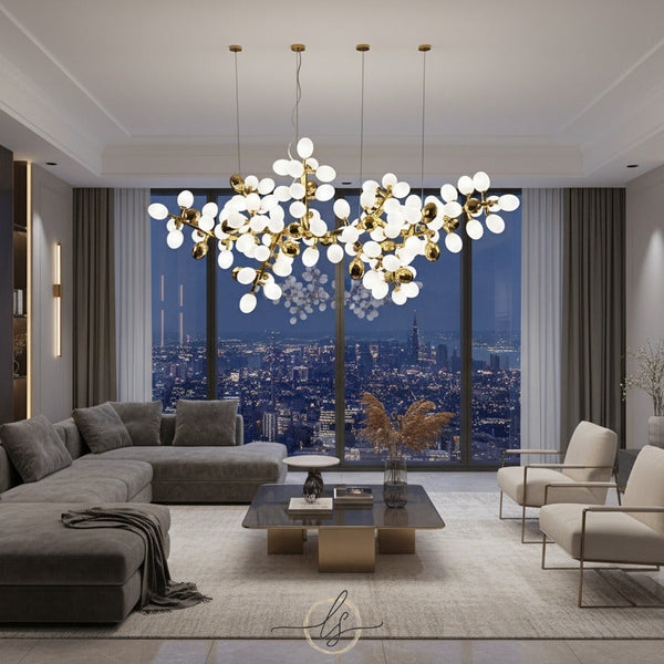 Zygote chandelier with white glass clusters and French Gold or Raw Copper frame, luxury modern LED chandelier with 60–142 light sources for dining rooms, living rooms, and entryways.