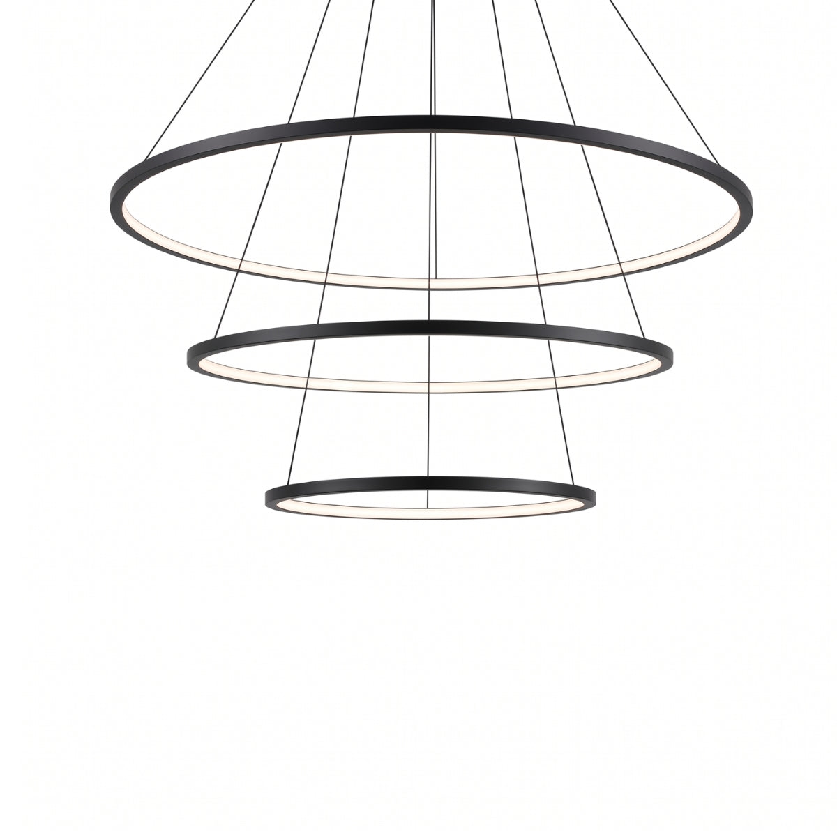 A modern three-tier circular pendant chandelier with a matte black metal frame and thin suspension cables, shown against a plain white background.