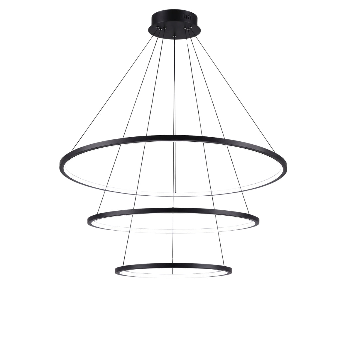A modern three-tier ring LED pendant light fixture in matte black, suspended by thin cables from a circular ceiling canopy against a plain white background.