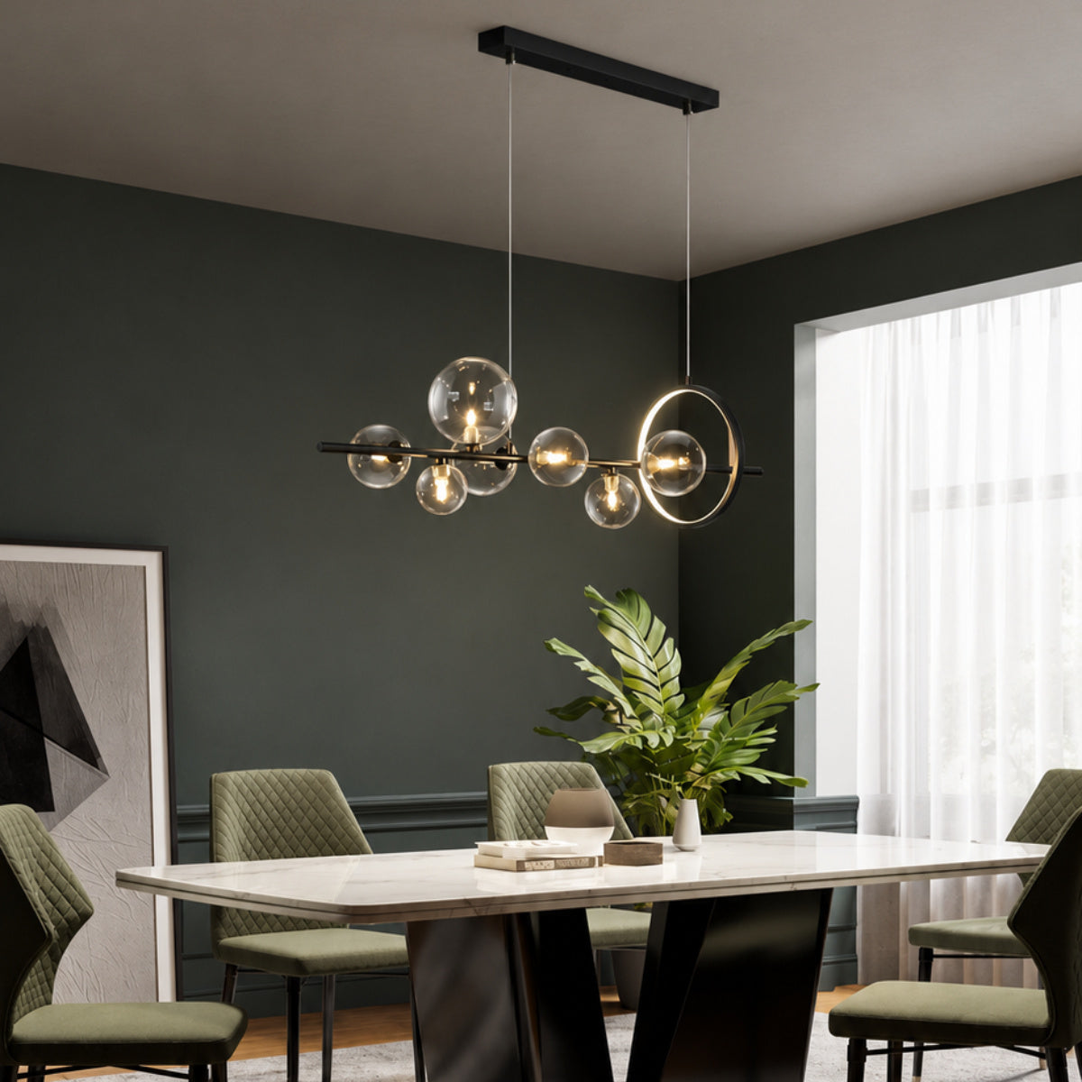 Modern multi-light cluster pendant chandelier with clear glass globes and warm gold-toned bulbs hanging over a dining table in a contemporary dark gray and black dining room.