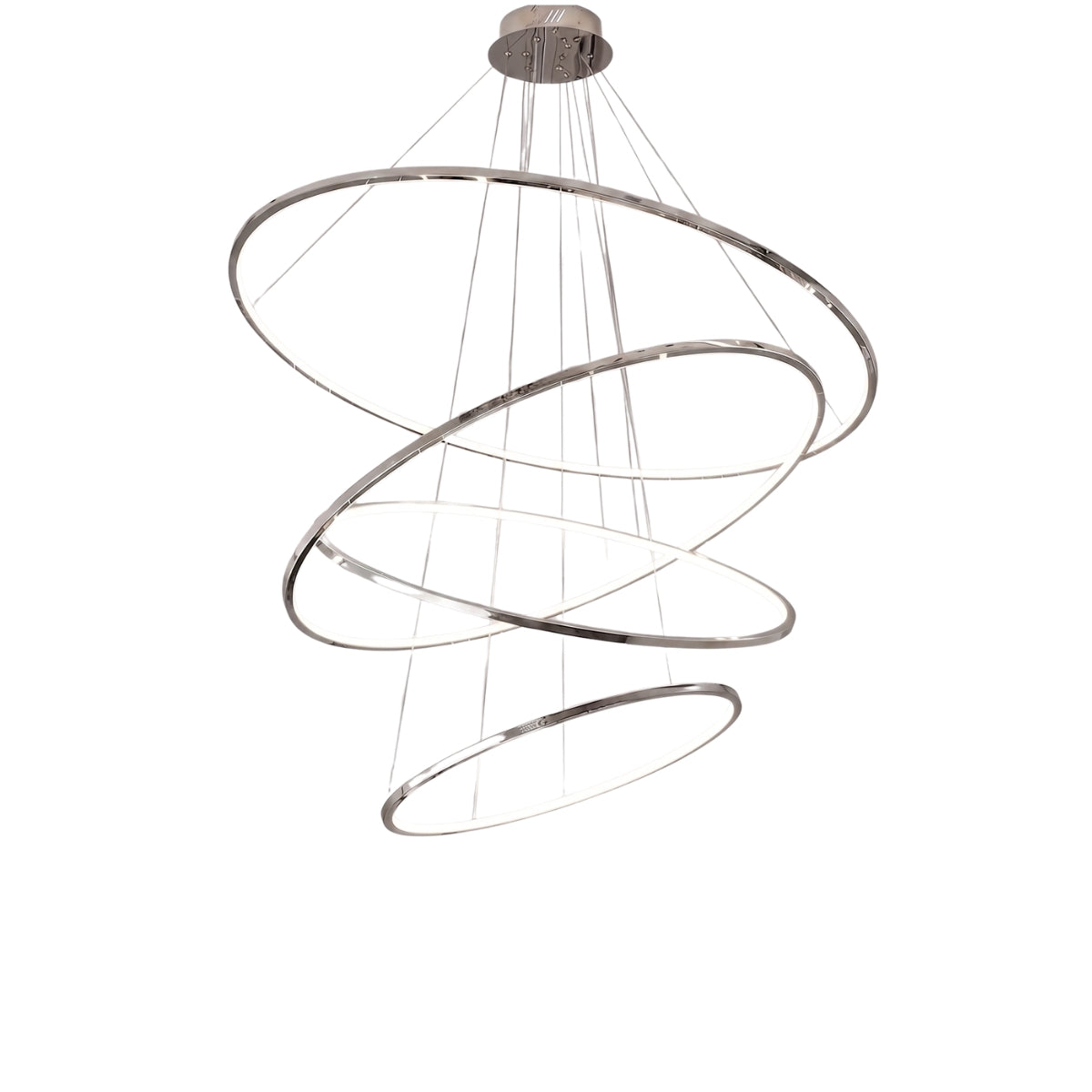 A modern spiral ring chandelier with a brushed silver metal finish, suspended by thin cables from a matching circular ceiling canopy, shown against a plain white background.