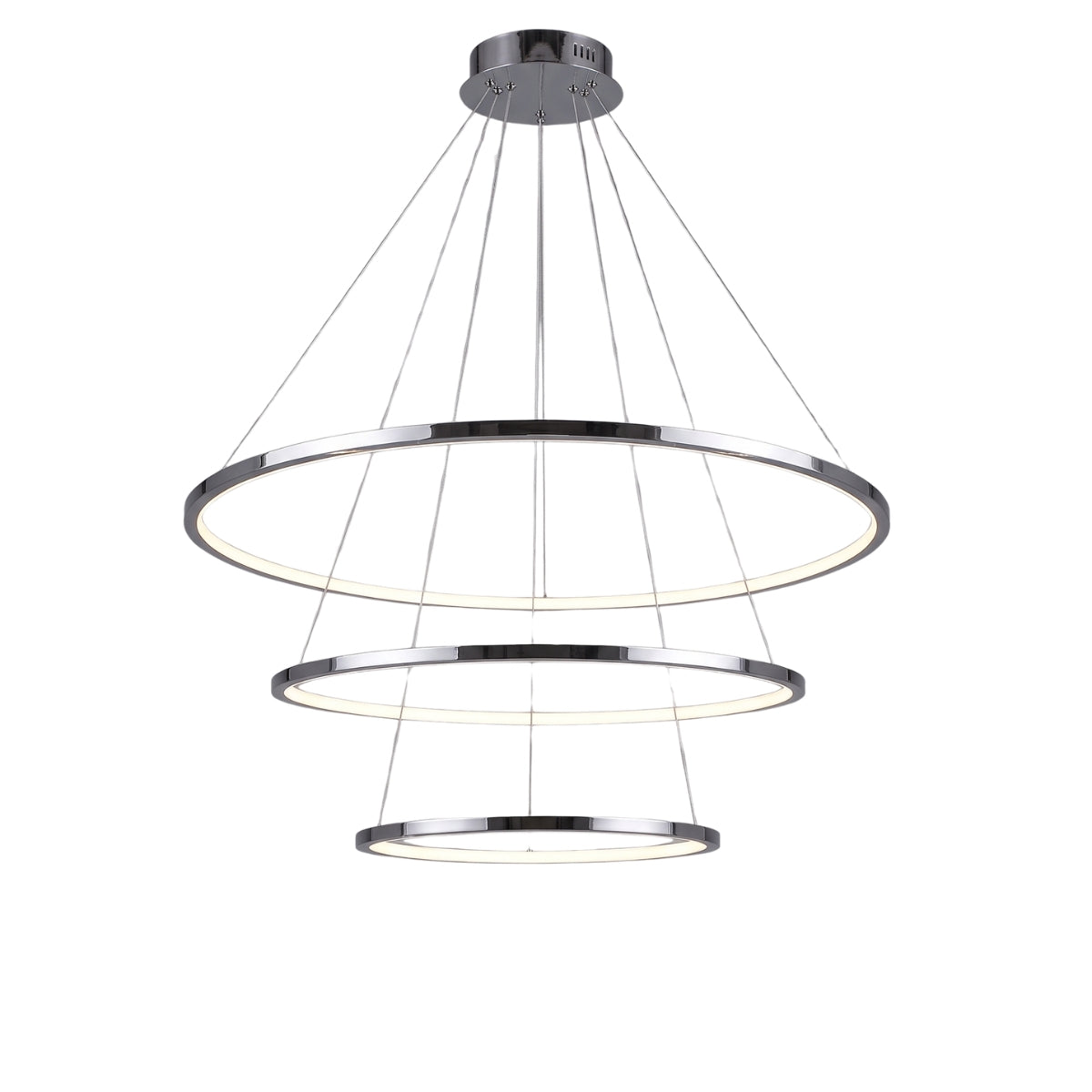 Modern three-tier circular LED pendant light with a polished chrome finish and thin suspension wires, shown against a plain white background.