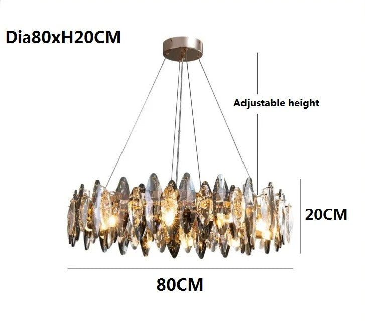 Serenity Crystal Chandelier with premium K9 crystals, semi-flush mount design, modern elegance, and soft ambient lighting for living room, dining area, or entryway. Features sparkling crystal accents and a sleek metal finish.