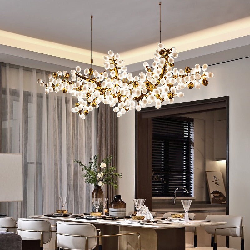 Lights of Scandinavia - Zygote High-quality white glass cluster chandelier. Organic-inspired design paired with luxury materials. Perfect for dining rooms, living areas, entrance halls, hotel areas, restaurants, etc.  White glass clusters with base frame in French gold color or Raw copper.