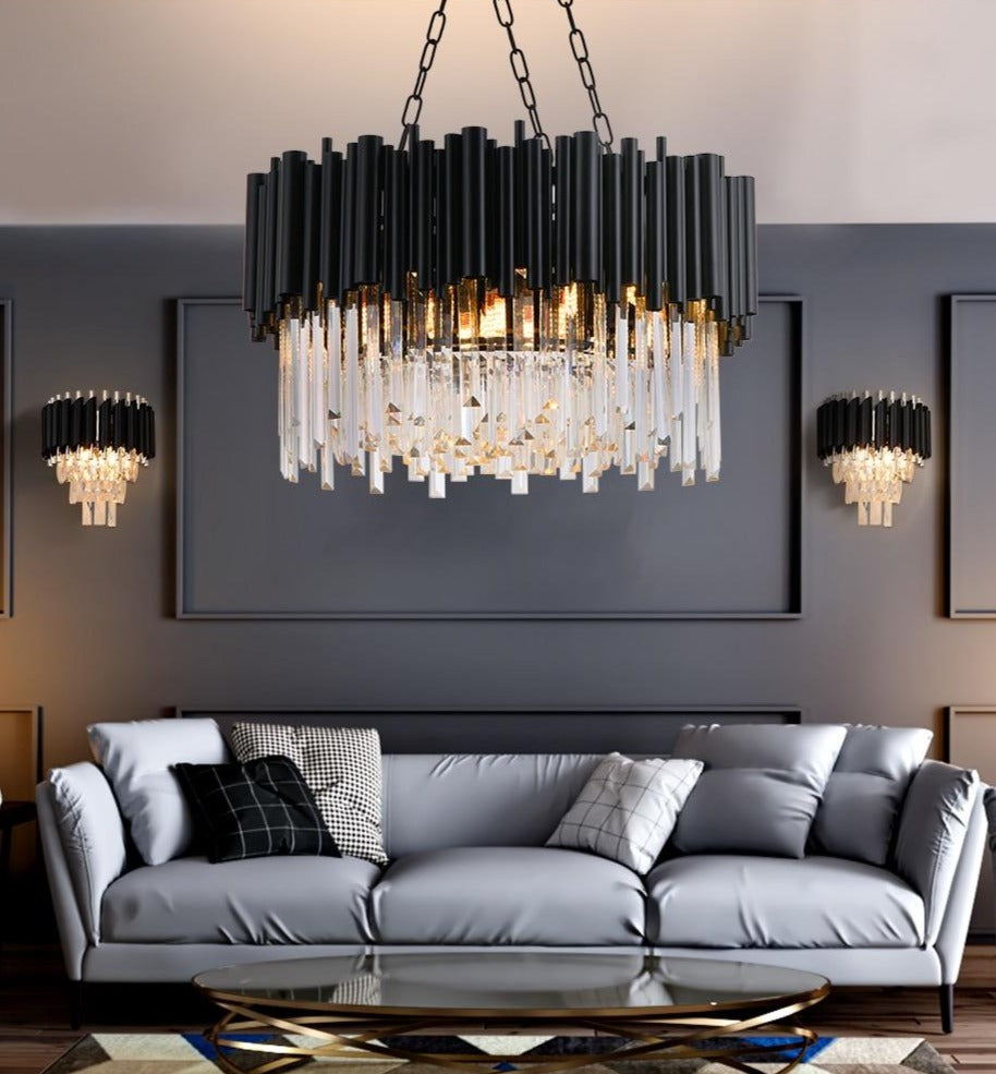 Grand luxurious crystal chandelier. Round black framework combined with luxury K9 crystals and modern LED light sources. A modern heart encapsulated in classic design. Perfect for refining dining rooms, living areas, hallways, entrance halls, etc. 4 sizes - 45-100cm Two emitting colors - Warm light(3000K), Cool light(6000K) Black modern chandelier lighting for living room luxury round crystal lamp home decoration chain led cristal light fixtures