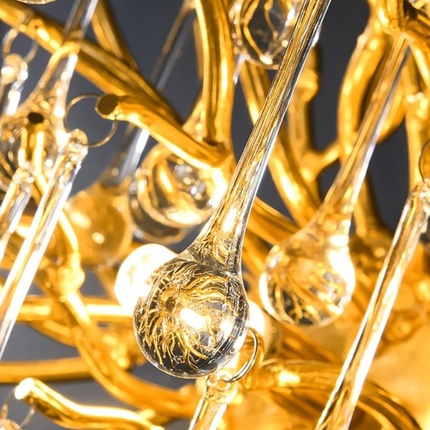 Modern luxury crystal chandelier with dripping crystal design, perfect for dining rooms, living rooms, and hotels, crafted with gold or silver aluminum frame.