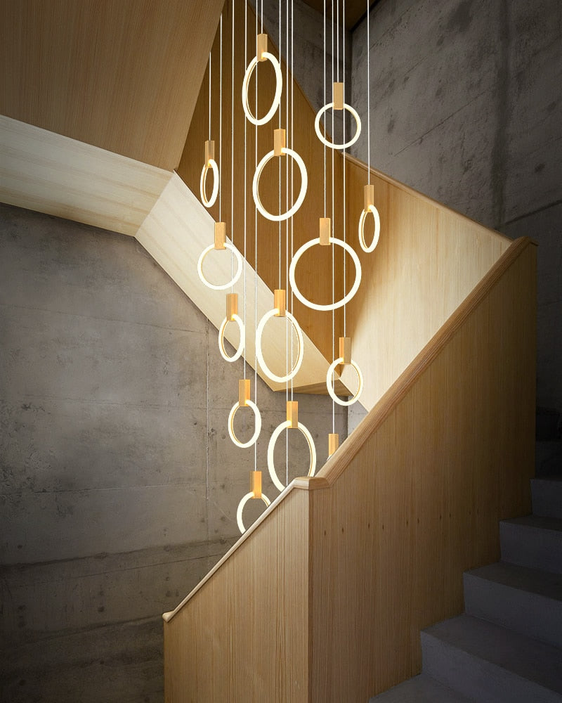 Lights of Scandinavia - Halo (alu) - Modern hanging stair LED chandelier. Perfect for creating a mood in any corner or in a stair. Aluminum/acrylic rings. Specifications Light Source LED Bulbs Base Type 2G11 Is Bulbs Included Dimmable Switch Type Power Source AC, 110-240V Lighting Area Coverage Installation Type Semiflush Mount Body Material Aluminum, Acrylic Warranty 2 years Certification CCC, CE, CQC, FCC, GS, LVD, PSE, ROHS, SAA, UL