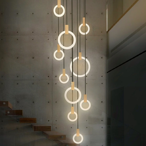 Lights of Scandinavia - Halo - Modern hanging stair LED chandelier. Perfect for creating a mood in any corner or in a stair. Aluminum/acrylic rings. Specifications Light Source LED Bulbs Base Type 2G11 Is Bulbs Included Dimmable Switch Type Power Source AC, 110-240V Lighting Area Coverage Installation Type Semiflush Mount Body Material Acrylic Warranty 2 years Certification CCC, CE, CQC, FCC, GS, LVD, PSE, ROHS, SAA, UL