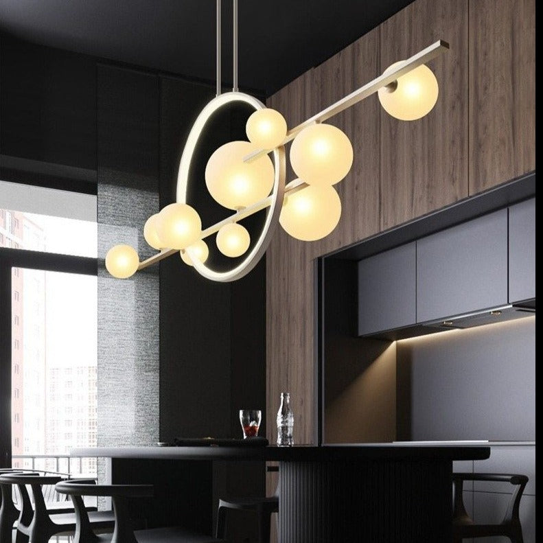 lightning fixture with glass details hanging from the ceiling. 